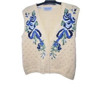 VTG Sweater Vest Jantzen Hand Embroidered‎ Pale Yellow W Blue Bows Florals S/M